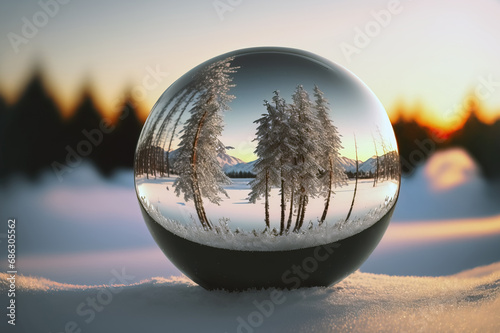 glass sphere in snowy landscape with snow and trees.