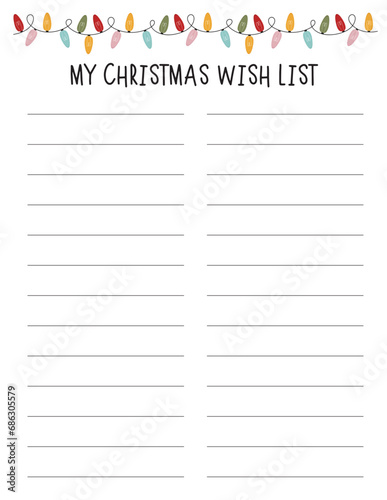 Christmas Wishlist Wish list for Christmas gifts with cute holiday ornament. Gift list. Vector template.