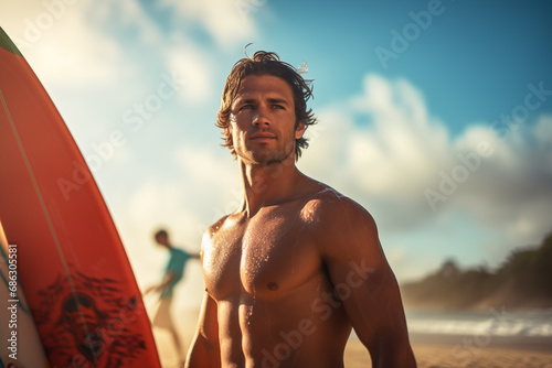 Fit young surfer man with curly blond hair with surfboard goes by the ocean having fun doing extreme water sports, surfing. Travel and healthy lifestyle concept. Sports travel destination