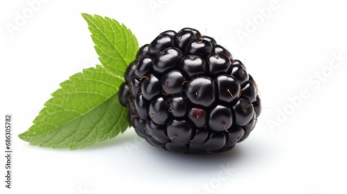 One ripe blackberry on a white background.