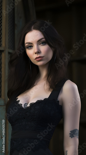 Beautiful goth woman in black sundress
