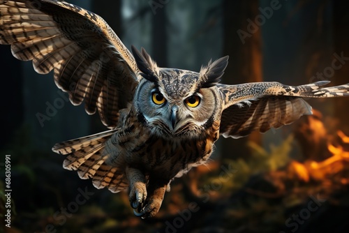 Arboreal Soar Photo Featuring the Realistic Flight of a Eurasian Eagle Owl Generative AI