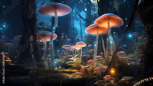 Giant florescent mushrooms in the dense alien forest, ai generative
