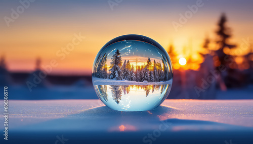 Glass ball on the background of a beautiful winter landscape