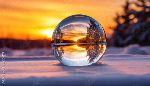 Glass ball on the background of a beautiful winter landscape