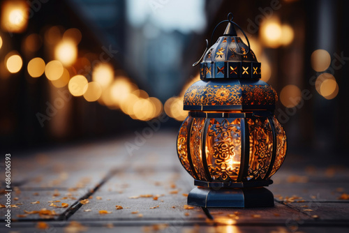 Traditional oriental lantern on the background of a bokeh of lights with a copy space. Card for the Ramadan holiday photo