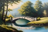 An oil painting depicting a serene scene of a bridge The bridge, a symbol of connection, stands as a focal point amid the natural beauty of the surrounding landscape.