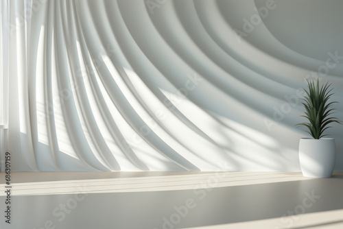 Textured wall with three-dimensional waves and a shadow from the sun on the wall. Background for product demonstration