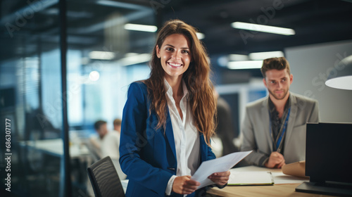 Smiling young businesswoman is holding papers in an office environment with colleagues in the background.