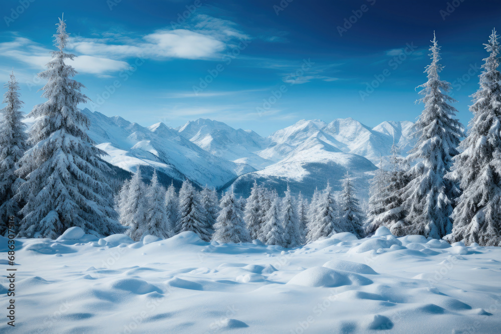 Winter mountain landscape with snow and Christmas trees