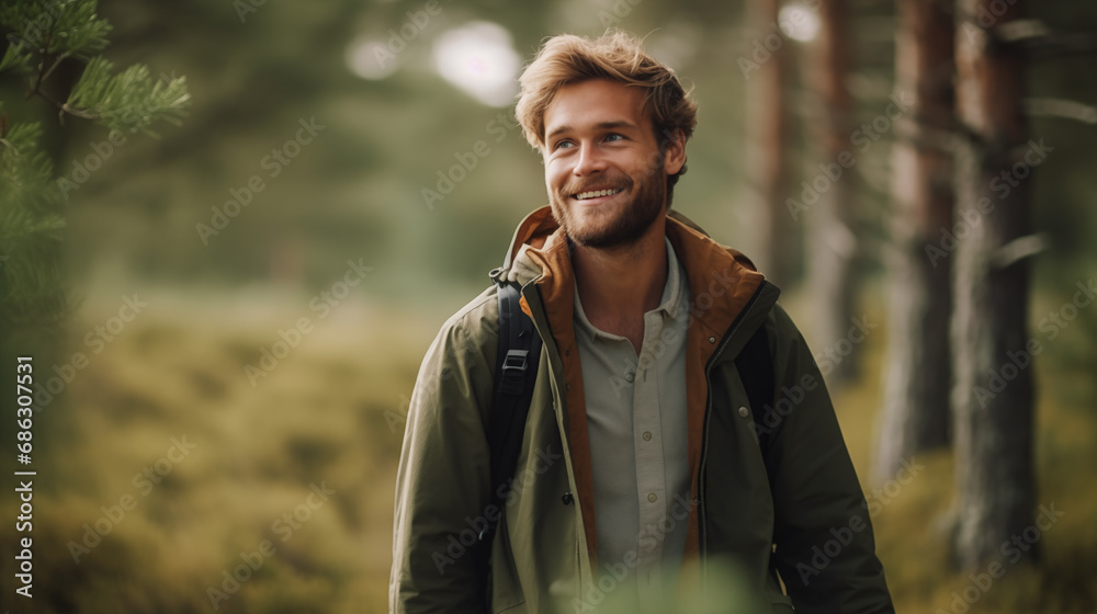 A male traveler walks through the woods. Beautiful wild nature landscape in forest. Hiking journey on tourist trail. Outdoor adventure. Travel and exploration. Healthy lifestyle. Generated AI