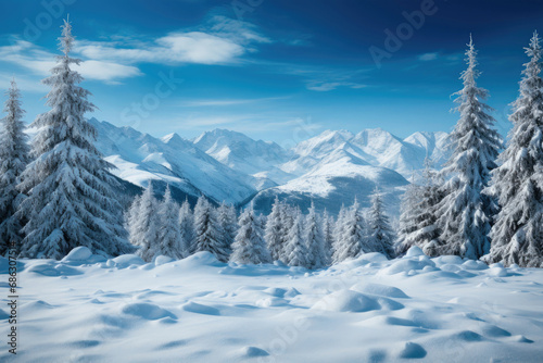 Winter mountain landscape with snow and Christmas trees © Sunshine