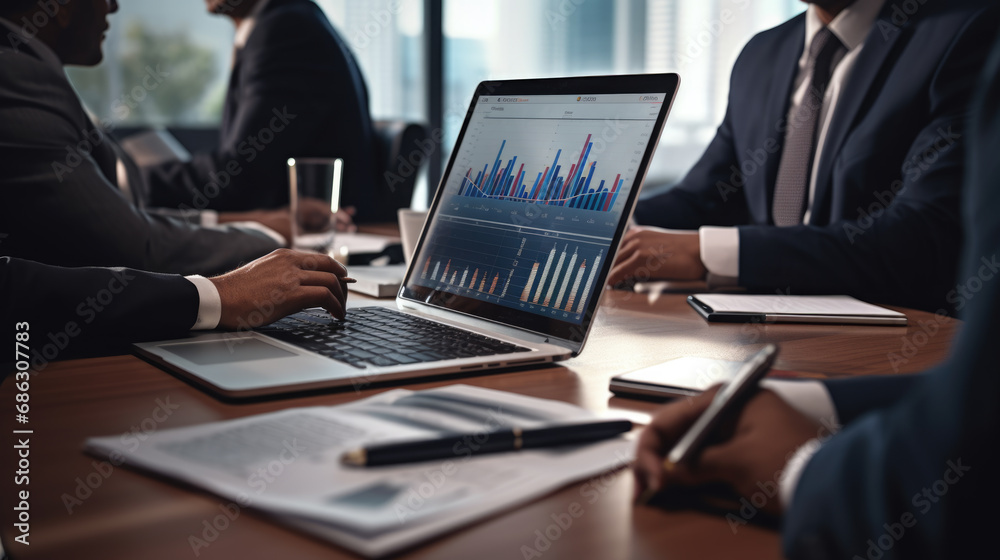 Group of businesspeople are engaged in a business meeting with analytics and laptop at the office desk. Group of businesspeople are engaged in a business meeting with analytics and laptop at the office desk.