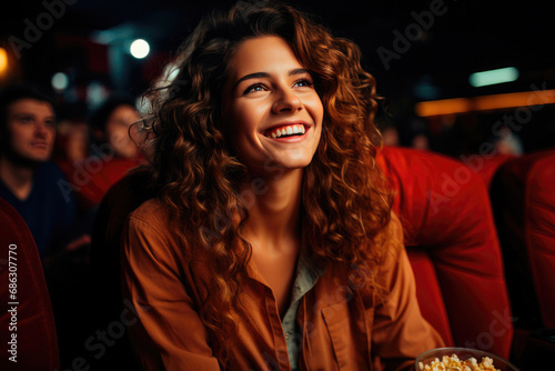 Smiling young woman with curly hair holds popcorn in her hands and sits in the cinema enjoying watching a movie
