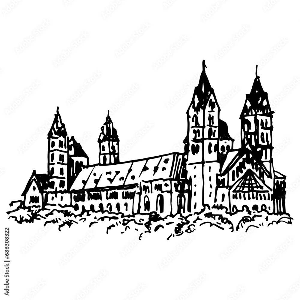 Kaiserdom zu Speyer, Germany. Roman Catholic Romanesque Cathedral. Medieval castle. Hand drawn sketch. Black and white silhouette.  Imperial Cathedral Basilica of the Assumption and St Stephen. 