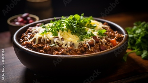 A side view of a loaded Tex-Mex chili con carne with cheese.