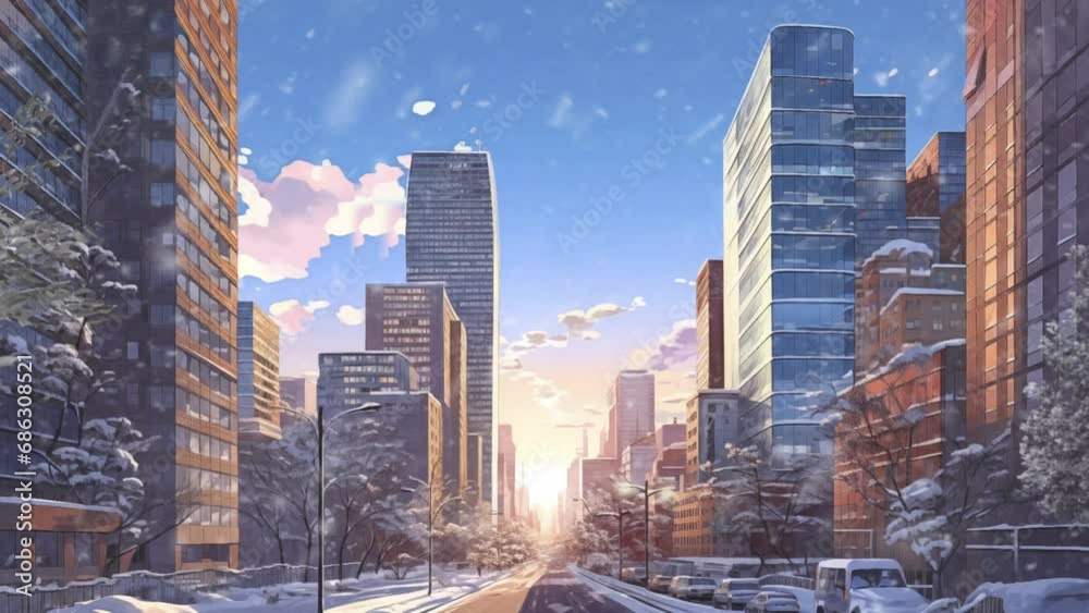 winter scenery. Panorama urban modern city skyline sunrise. modern. in anime or cartoon illustration style