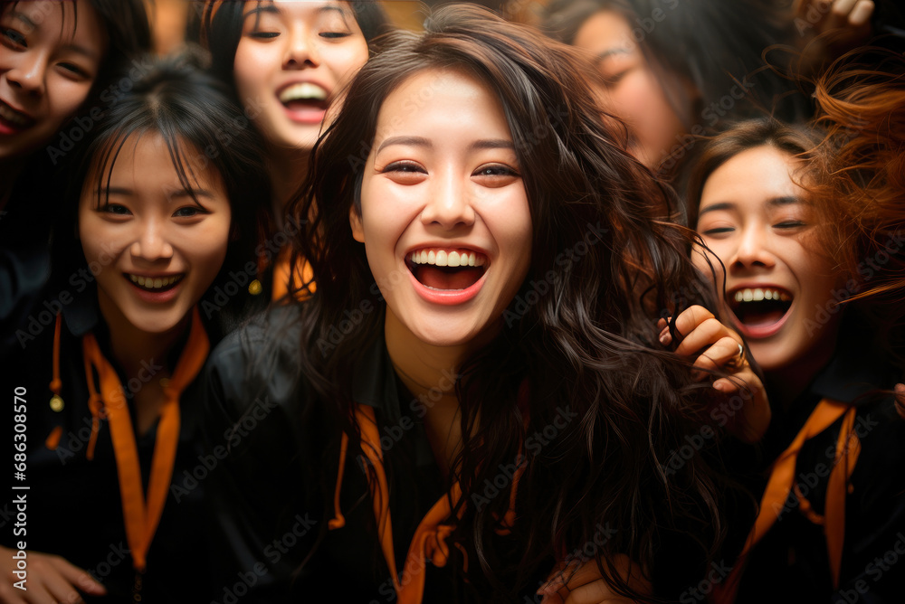 Fototapeta premium Asian schoolgirls with backpacks smile and laugh
