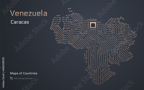 Venezuela Map with a capital of Caracas Shown in a Microchip Pattern. E-government. World Countries vector maps. Microchip Series