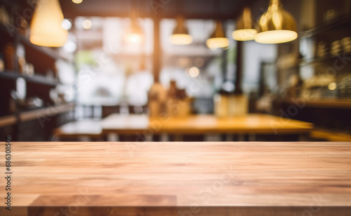 Wood table top on blurred of counter cafe shop with light bulb background  For montage product display or design key visual.