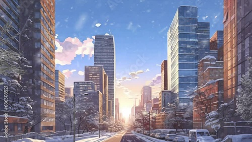 winter scenery. Panorama urban modern city skyline sunrise. modern. in anime or cartoon illustration style photo
