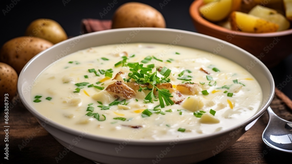 A steaming bowl of creamy clam chowder with chunks of tender potatoes.