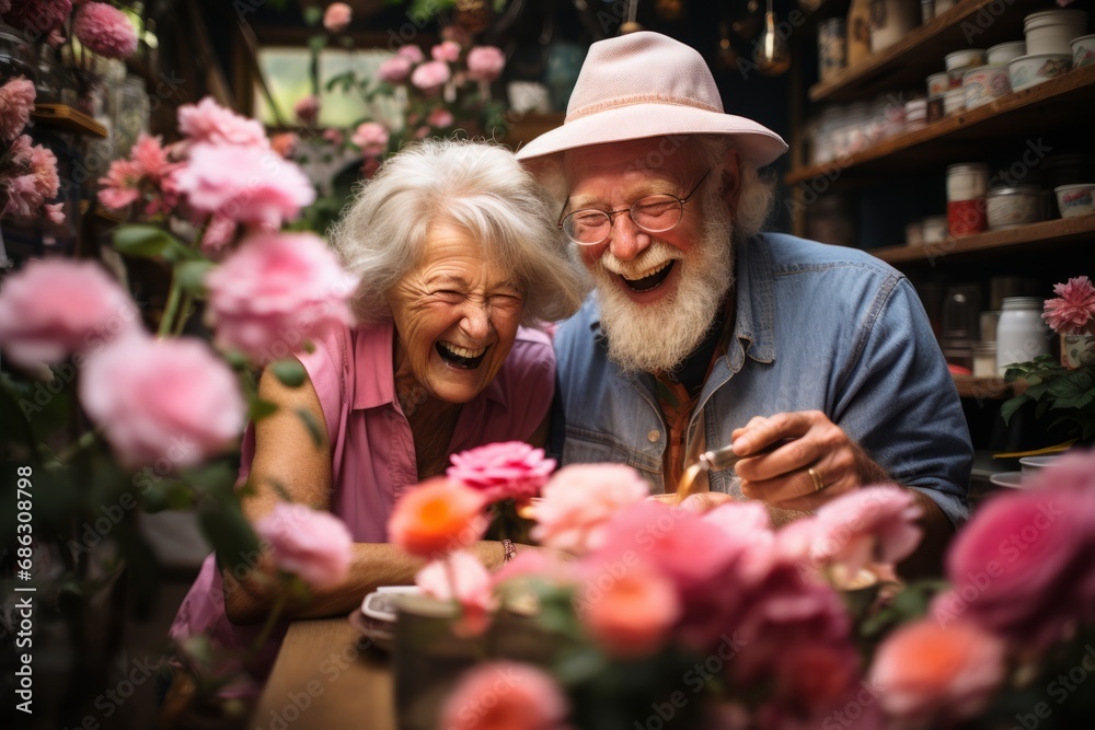 Shared Joy Among Blooms: Elderly Couple Laughing in a Flower Shop