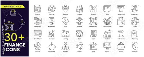 Finance stroke outline icon set. Containing loan, cash, saving, financial goal, profit, budget, mutual fund, earning money and revenue icons. Stroke icons collection. photo