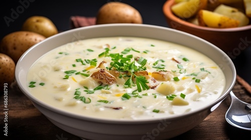 A steaming bowl of creamy clam chowder with chunks of tender potatoes.