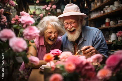 Shared Joy Among Blooms: Elderly Couple Laughing in a Flower Shop