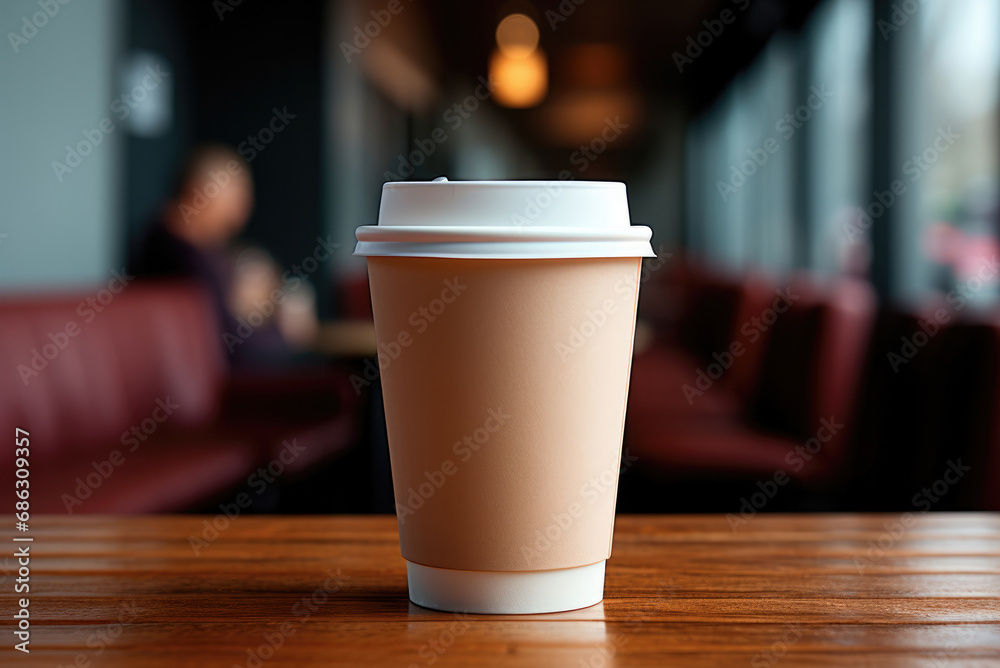 Paper cups with a lid for tea to go. Coffee take away is on the table. There is space for text in the background. Mockup for logo Paper cups with a lid for tea to go. Coffee take away is on the table. There is space for text in the background. Mockup for logo