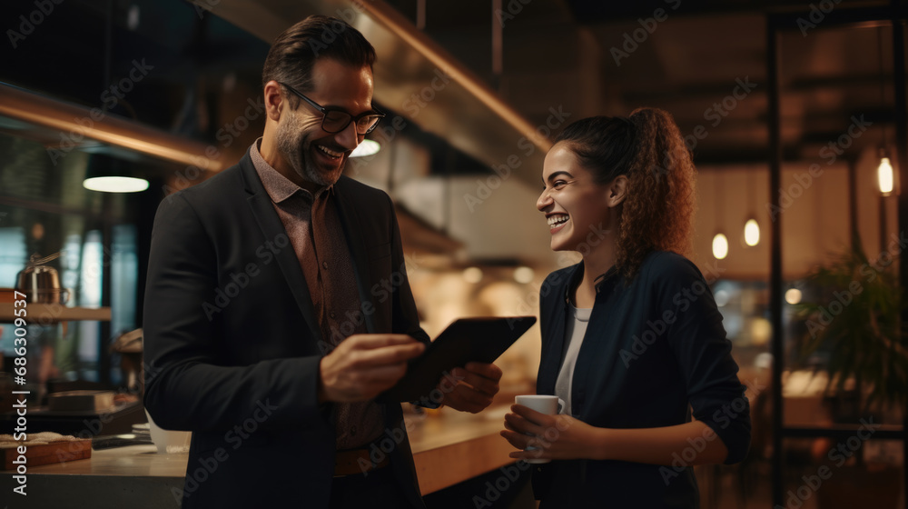Cafe worker and owner smiling and engaging with each other while using a tablet Cafe worker and owner smiling and engaging with each other while using a tablet