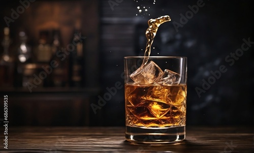 closeup of a deliciously refreshing whiskey drink, while on a dark background, wooden surface created with generative ai