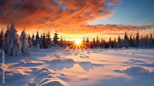 The beautiful sunrise in winter usually presents a peaceful and magnificent scene. In cold seasons, when the sun rises from the horizon, the sky is often dyed warm orange red, light pink, or purple.  © Karol