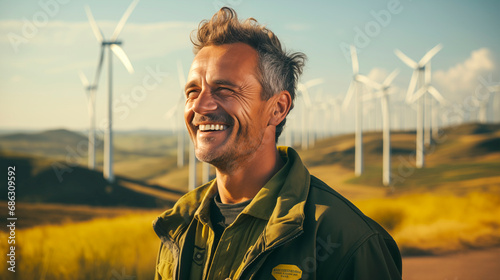  super positiv wind power plant workers look to the future as they think about future technologies photo