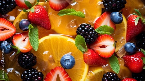 A top-down view of a colorful fruit salad with a drizzle of honey.