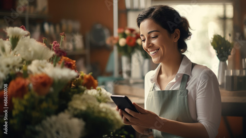 Smiling woman is standing in a flower shop looking at her smartphone, with shelves of plants and flowers in the background. photo