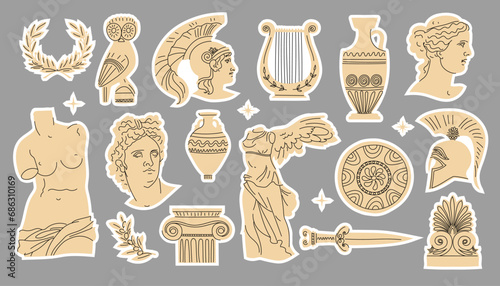 Stickers Greek antique sculptures and objects in flat style. Set includes head and torso of Venus, Apollo, Spartan helmet, vases, lyre and more. Elements of beige color are isolated. Hand drawn. 