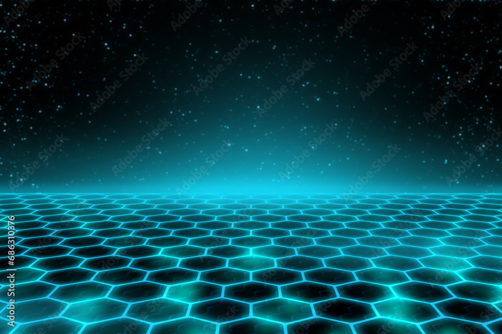 Blue space technology light hexagon field with sky particles abstract background - obrazy, fototapety, plakaty 