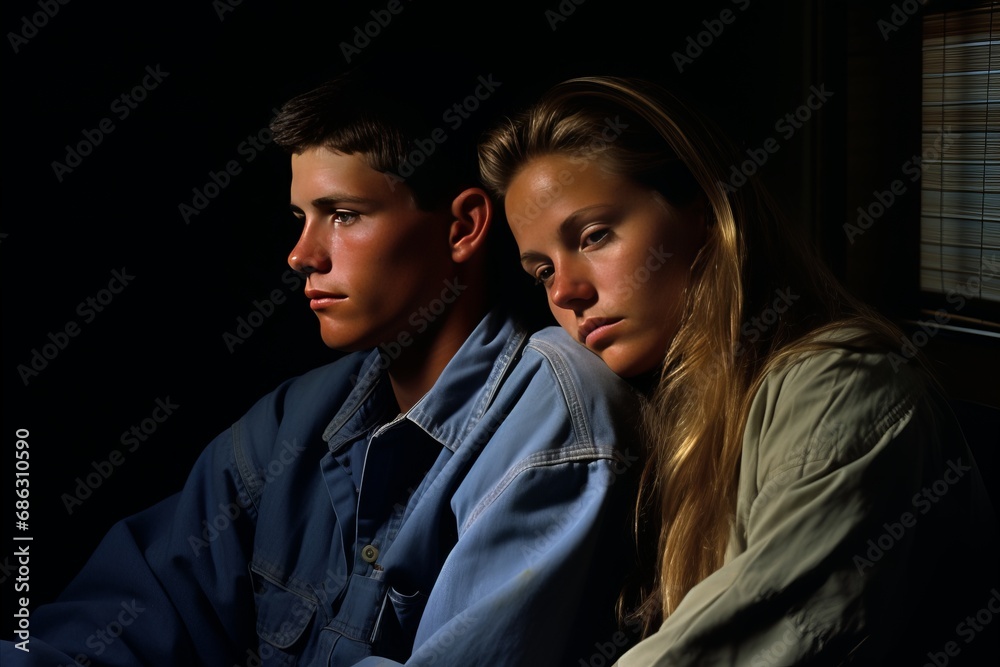 Sad Teenage Love. Girl Resting Head on Boys Shoulder in a Touching Display of Romance Sad Teenage Love. Girl Resting Head on Boys Shoulder in a Touching Display of Romance