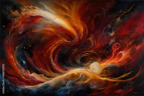 An abstract oil painting that captures the essence of cosmic energy, with swirling nebulae and celestial bodies rendered in bold strokes of deep reds, golds, and indigos. 