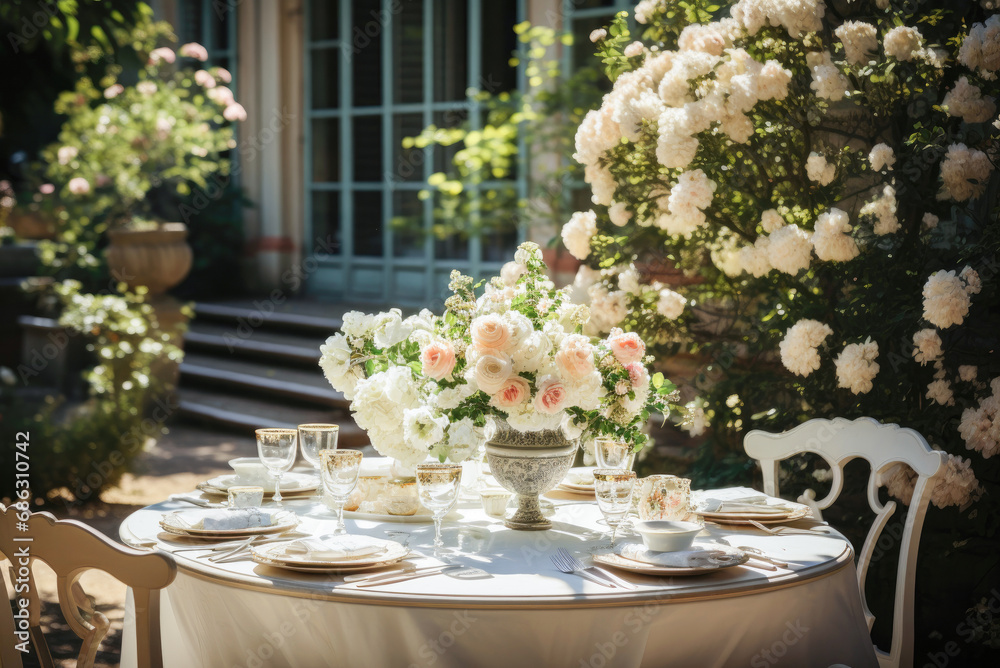 Round wedding guest table set for an exquisite dinner with beautiful flower arrangements