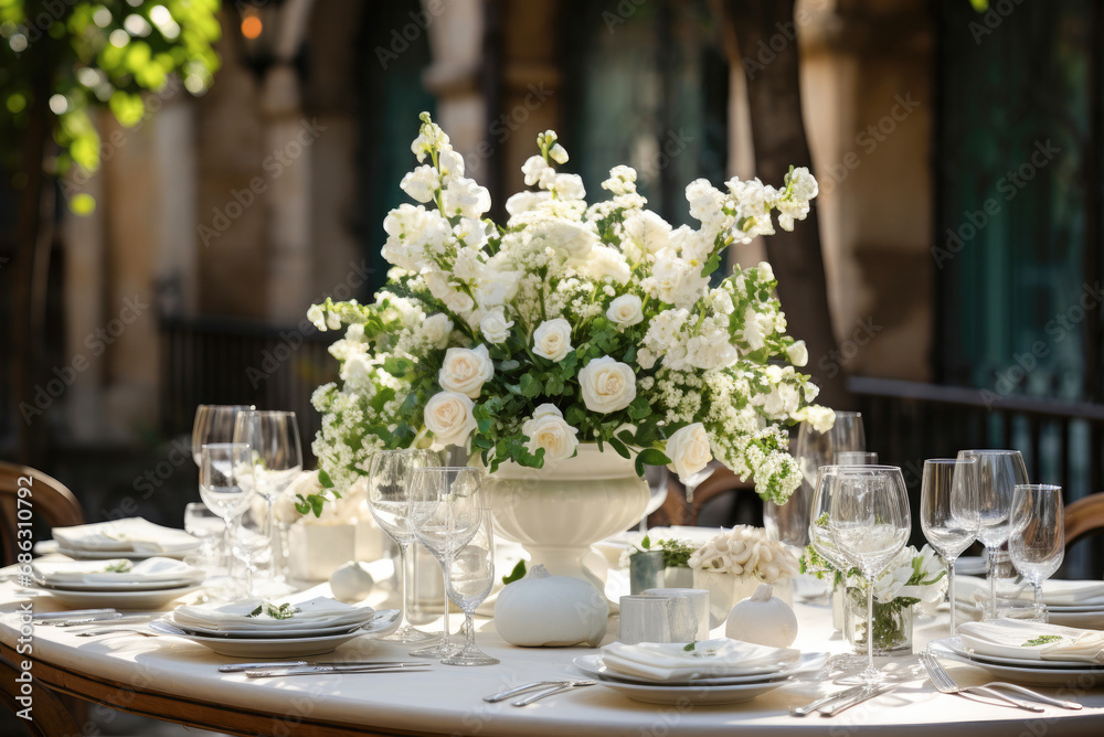 Beautiful table setting with dishes and white flowers for a wedding reception