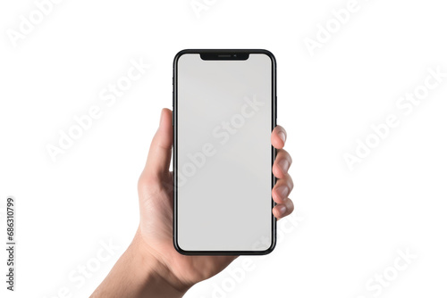 Hand holding mockup smartphone and changing screen on transparent background. Isolated.