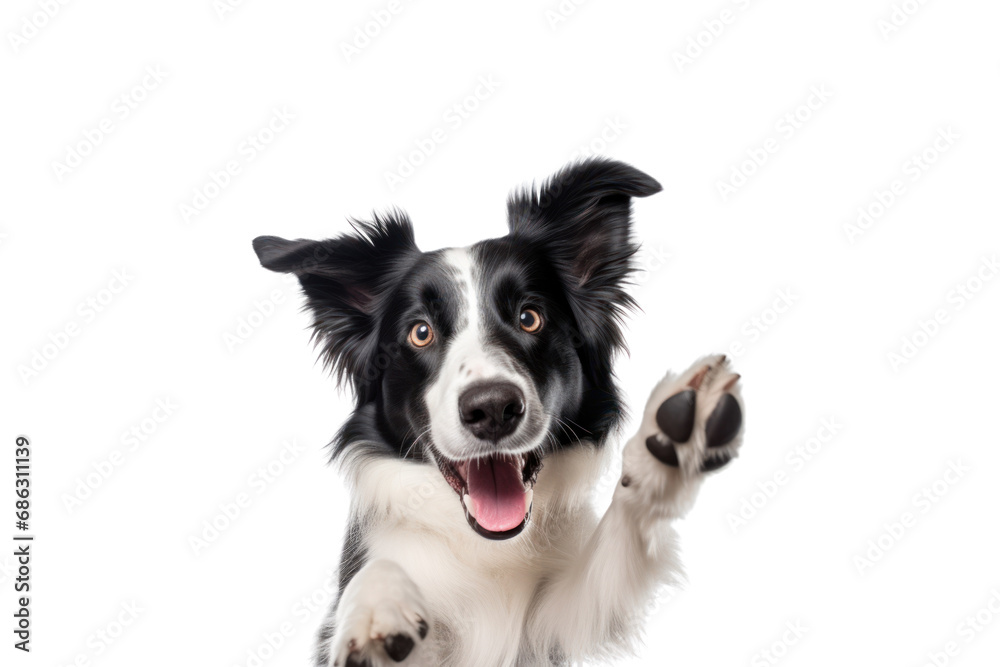 large black and white mixed breed dog with a protruding tongue on a transparent background. Isolated.