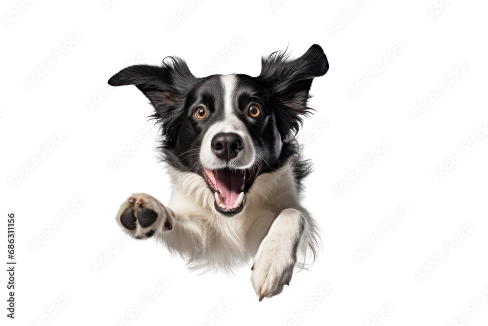 large black and white mixed breed dog with a protruding tongue on a transparent background. Isolated.