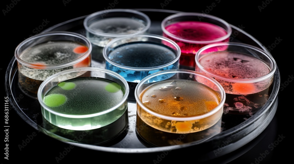 Petri dishes showcase vibrant colorful bacterial colonies, creating a visually dynamic representation of microbial growth in a laboratory setting. Scientific and clinical research concept. Petri dishes showcase vibrant colorful bacterial colonies, creating a visually dynamic representation of microbial growth in a laboratory setting. Scientific and clinical research concept.