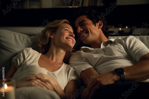 Blissful couple sharing a tender, romantic moment on the sofa in their cozy abode