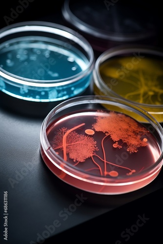 Petri dishes showcase vibrant colorful bacterial colonies, creating a visually dynamic representation of microbial growth in a laboratory setting. Scientific and clinical research concept. 