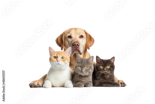 Beautiful dogs and cats looking at the camera Front view. Friendship on transparent background. Isolated.